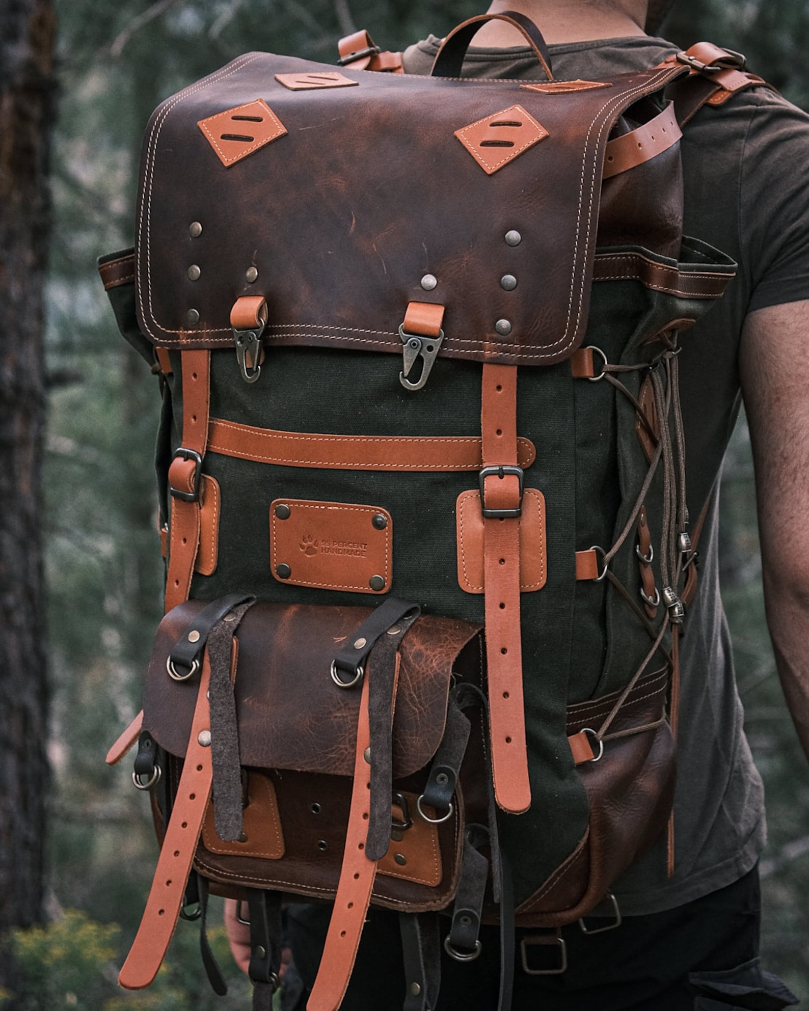 Back to school Daypack Green Waxed Canvas Backpack