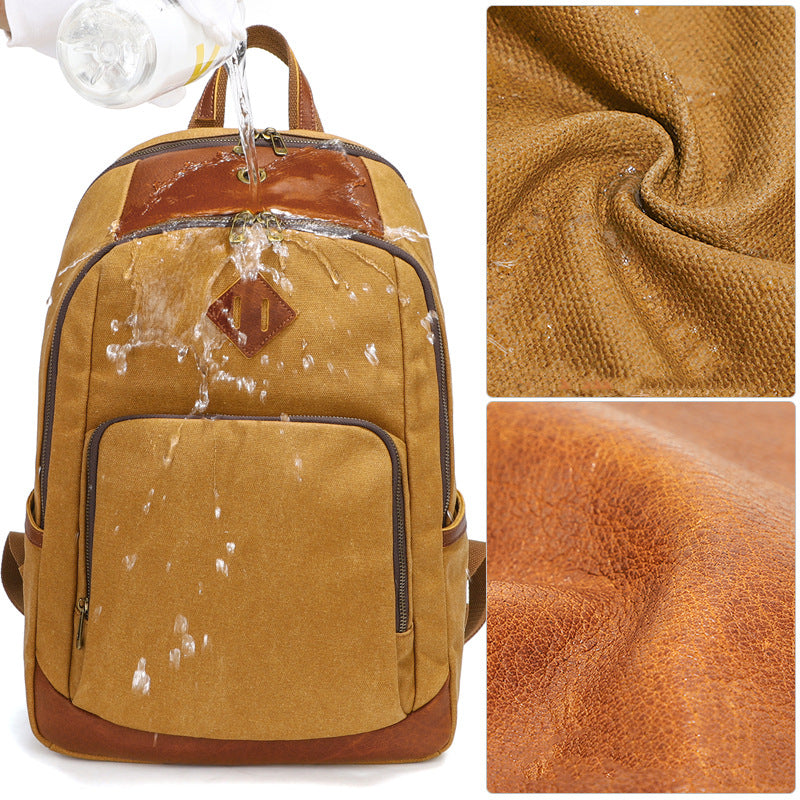 Waxed Canvas Backpack Fit 15-inch Laptop with Top-grain Leather