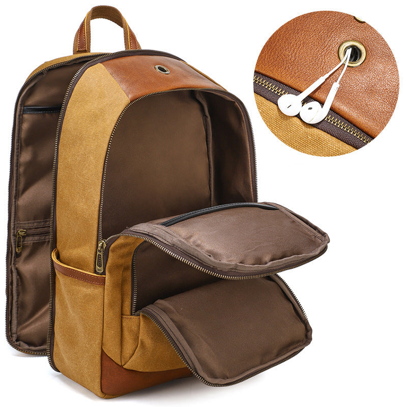 Waxed Canvas Backpack Fit 15-inch Laptop with Top-grain Leather