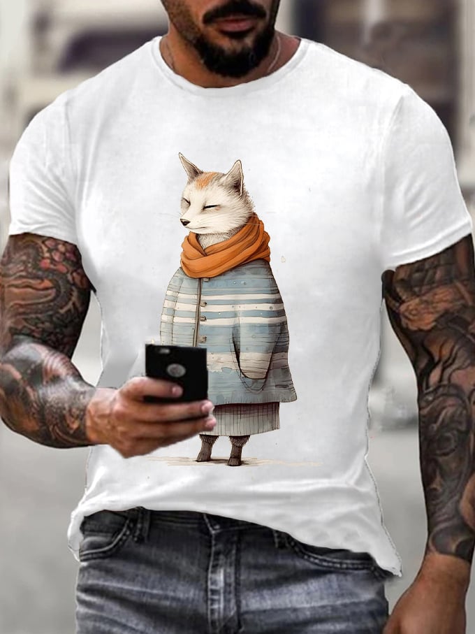 Men's Winter Funny Cute Wonderland Clothing Fox Print T-Shirt