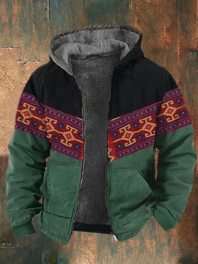 Men's Retro Western Print Velvet Zip Outerwear