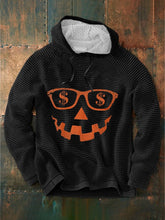 Men's Halloween Glasses Pumpkin Funny Money Expression Print Waffle Hoodie