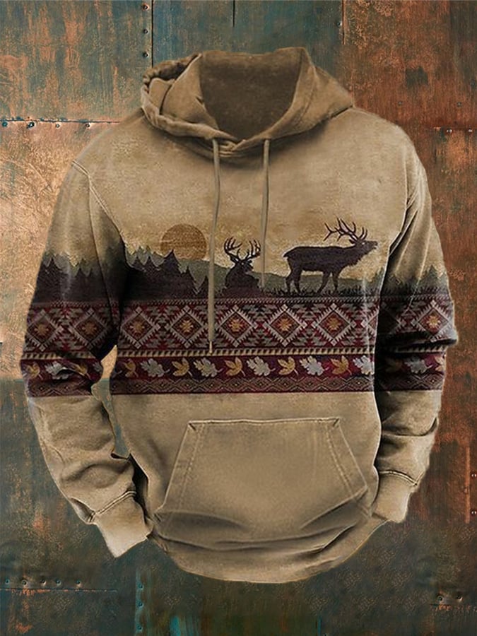 Men's Casual Western Print Long Sleeve Hooded Sweatshirt