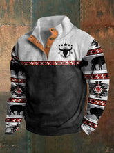 Men's Western Style Printed Stand Collar Button Sweatshirt