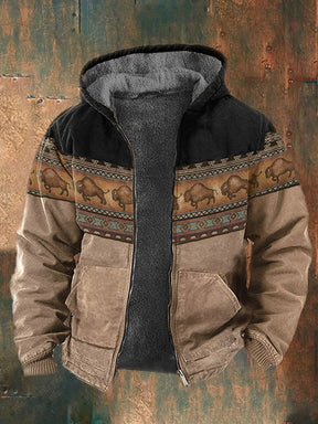 Men's Retro Western Print Velvet Zip Outerwear