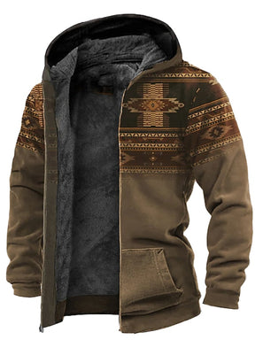 Men's Retro Western Print Velvet Zip Outerwear