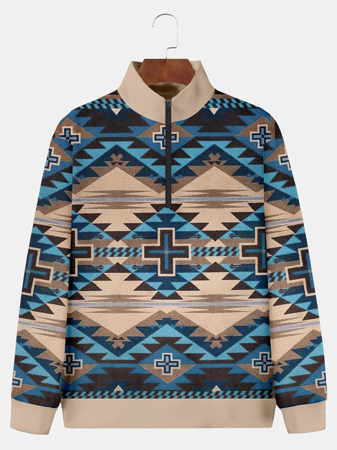 Casual Western Style Contrast Print Zip Pullover