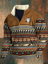 Men's Retro Ethnic Print Plush Half Open Collar Pullover