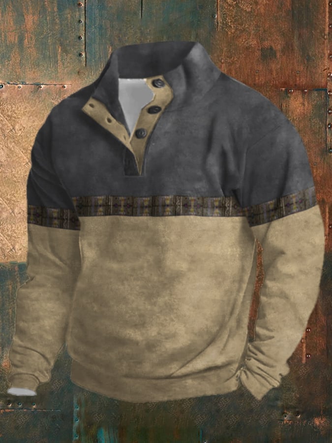 Men's Retro Western Color Block Print Long Sleeve Sweatshirt