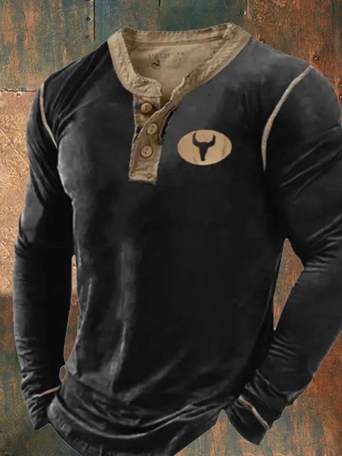 Men's Casual Print Button Collar Long Sleeve T-Shirt