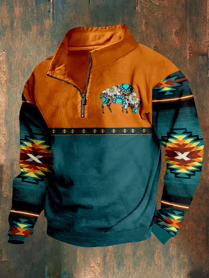 Casual Vintage Men's Western Style Zip Contrast Sweatshirt