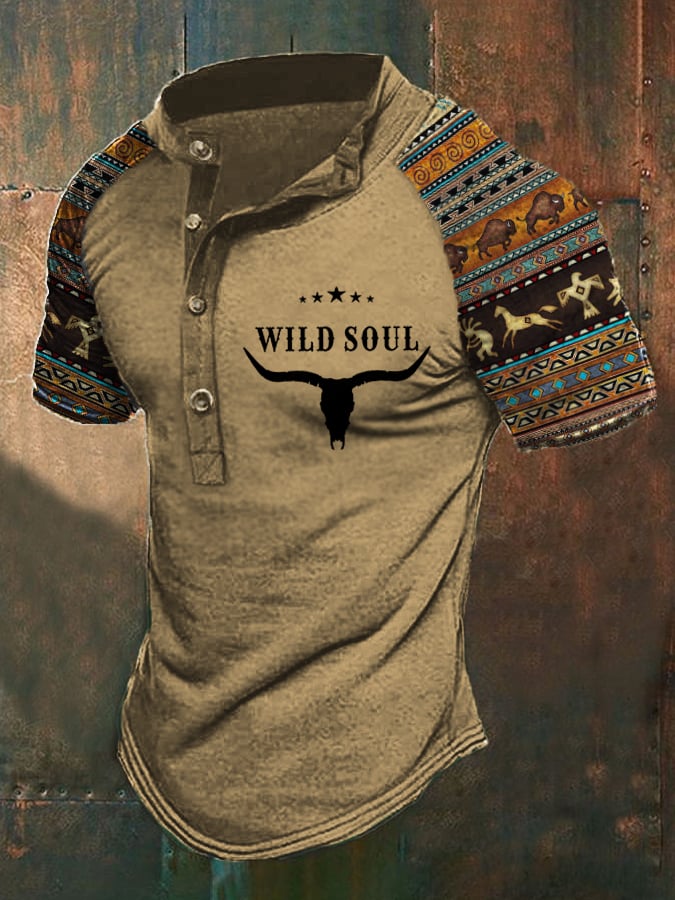 Men's Western Wild Soul Bull Skull Aztec Print Top