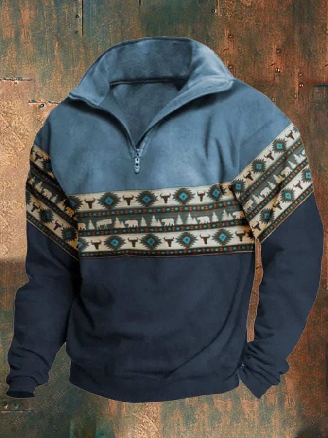 Men's Retro Western Print Lapel Long Sleeve Sweatshirt