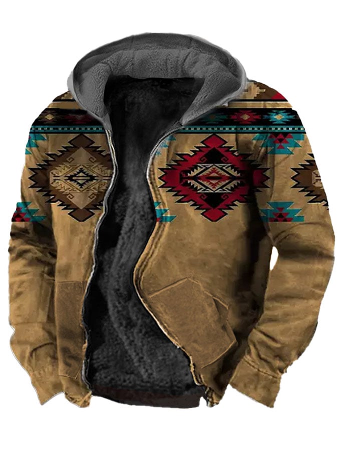 Men's Retro Western Print Velvet Zip Outerwear