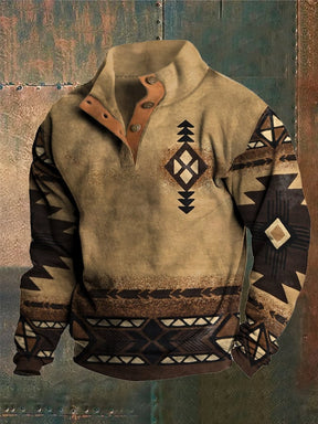 Men's Western Style Printed Stand Collar Button Sweatshirt