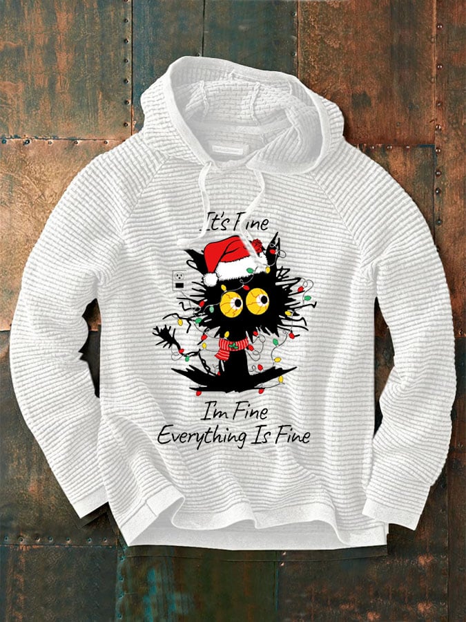 Men's Christmas Black Cat Print Casual Hoodie