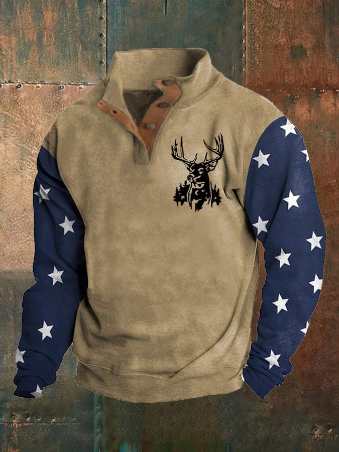 Men's Western Style Printed Stand Collar Button Sweatshirt