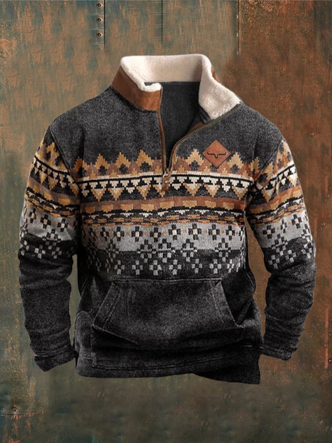 Men's Vintage Western Fur Collar Paneled Sweatshirt