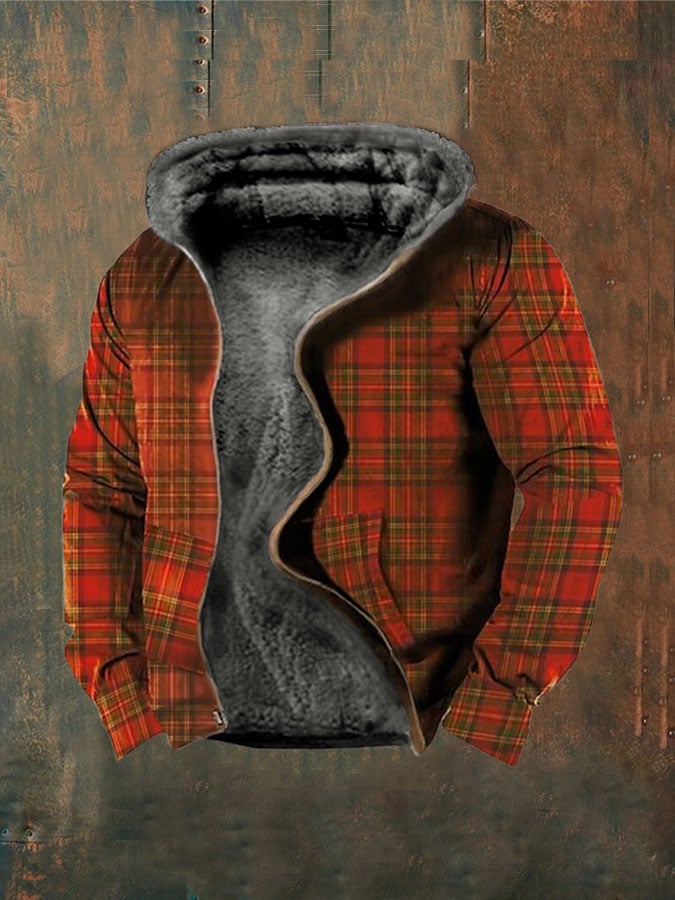 Men's Retro Plaid Plush Zippered Hoodies