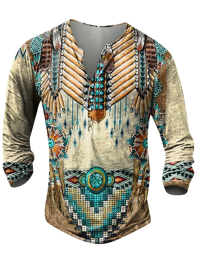 Men's Western Style V-Neck Printed Design Long Sleeve Top