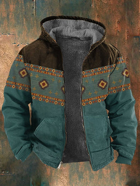 Men's Retro Western Print Velvet Zip Outerwear