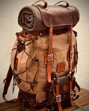 Handmade leather, waxed backpack for traveling, camping, hunting, hiking