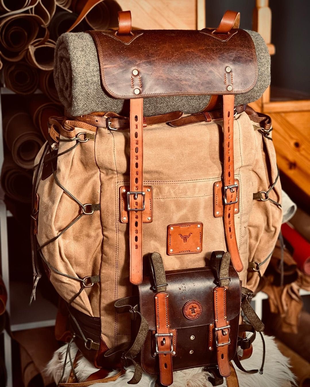 Handmade leather, waxed backpack for traveling, camping, hunting, hiking