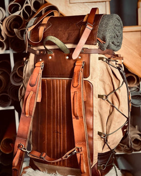 Handmade leather, waxed backpack for traveling, camping, hunting, hiking