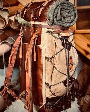 Handmade leather, waxed backpack for traveling, camping, hunting, hiking