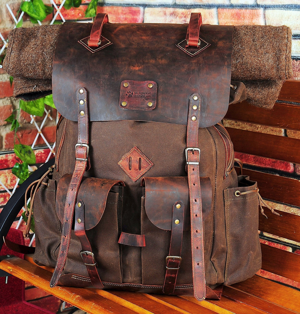 Bushcraft Backpack with Axe Hol Leather Waxed Canvas Backpack