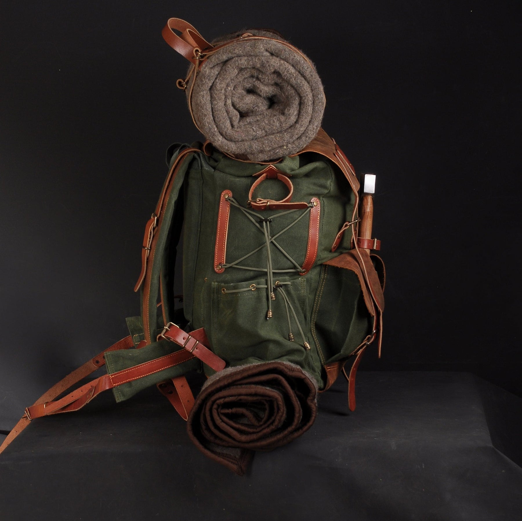 Bushcraft Backpack with Axe Hol Leather Waxed Canvas Backpack