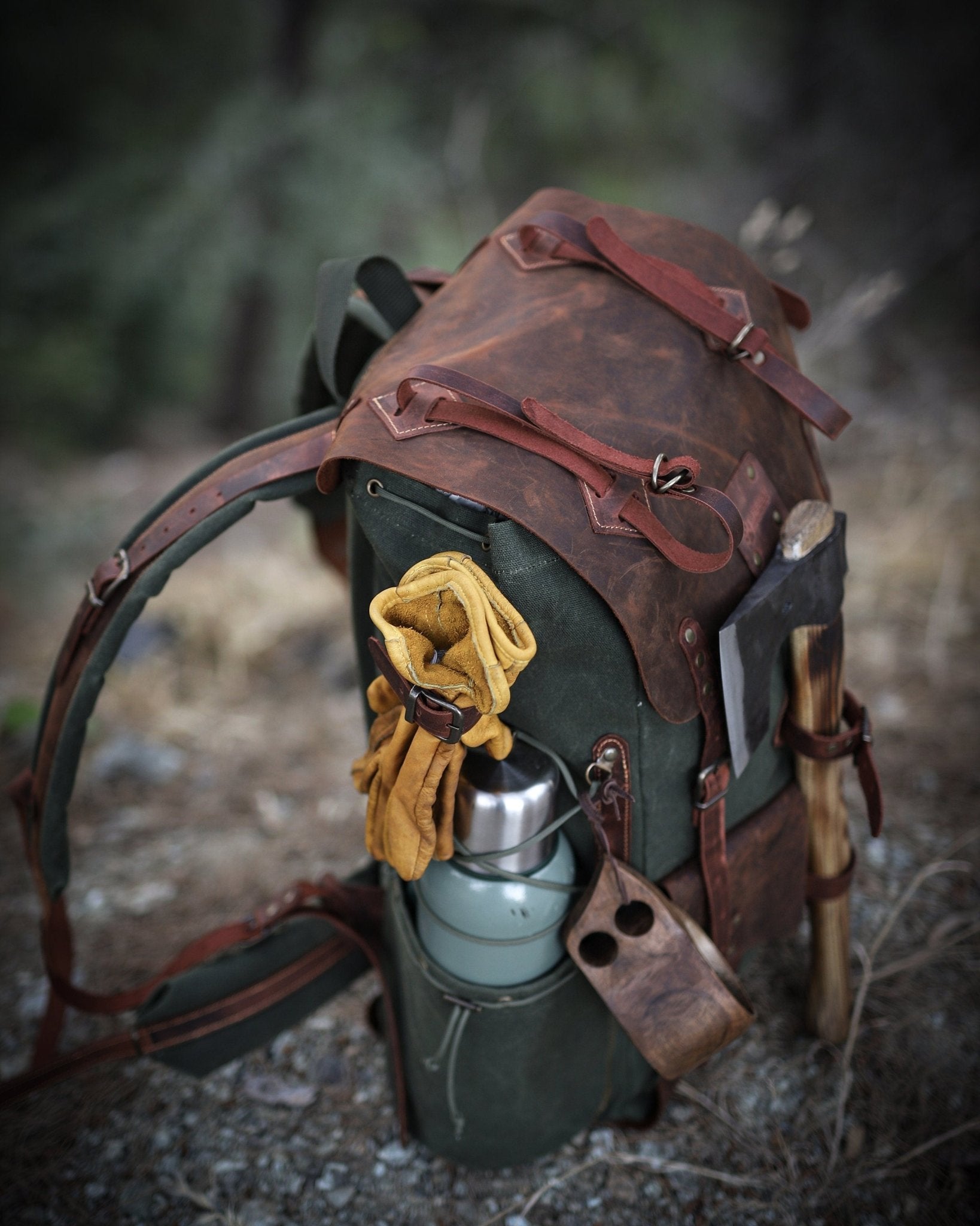 Bushcraft Backpack with Axe Hol Leather Waxed Canvas Backpack