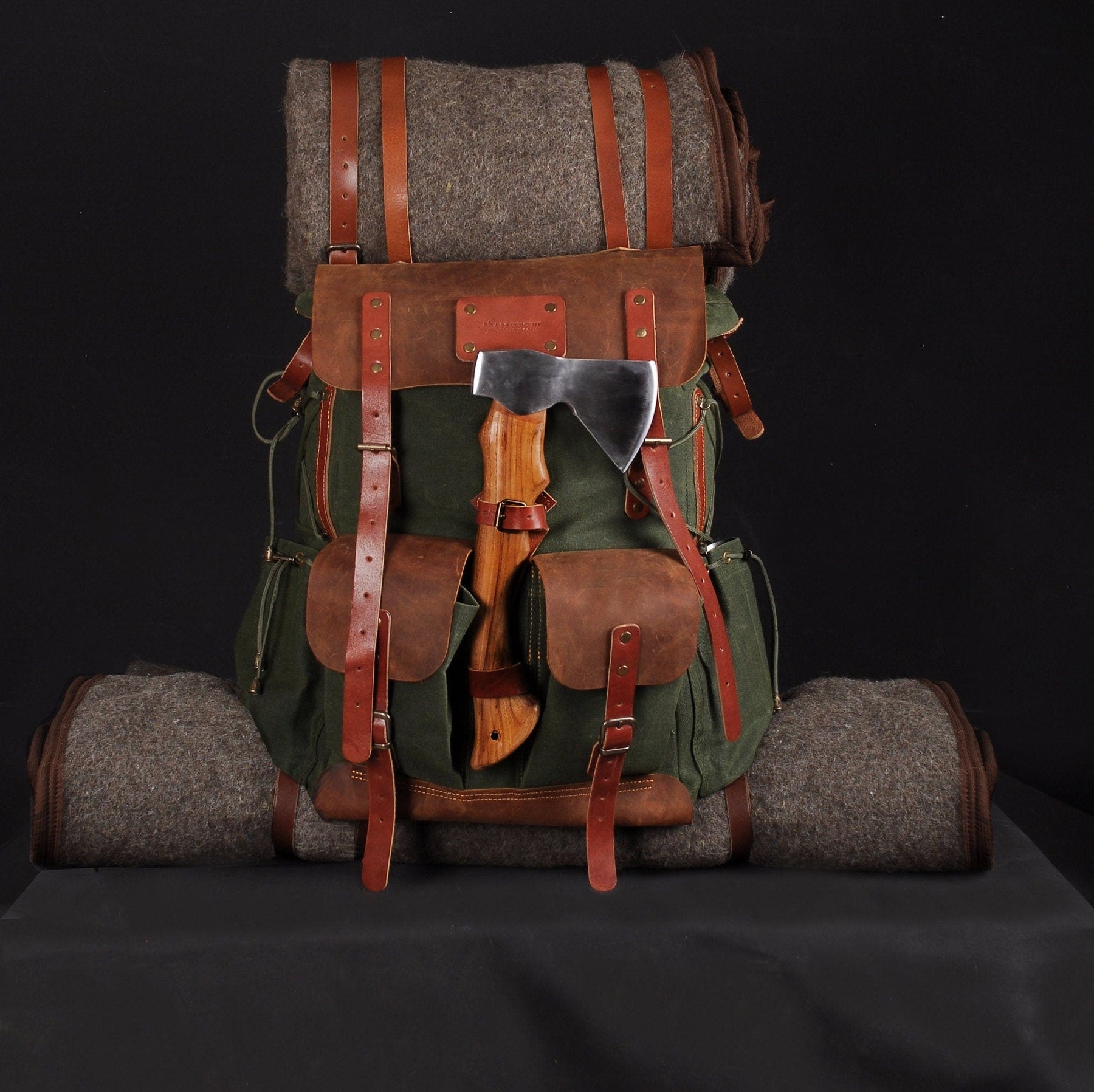 Bushcraft Backpack with Axe Hol Leather Waxed Canvas Backpack