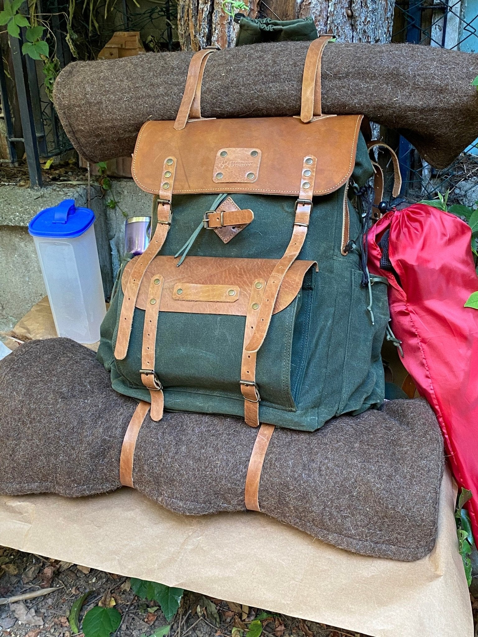 Bushcraft Handmade Green Canvas and Genuine Tan Leather Backpack