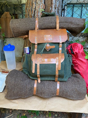 Bushcraft Handmade Green Canvas and Genuine Tan Leather Backpack