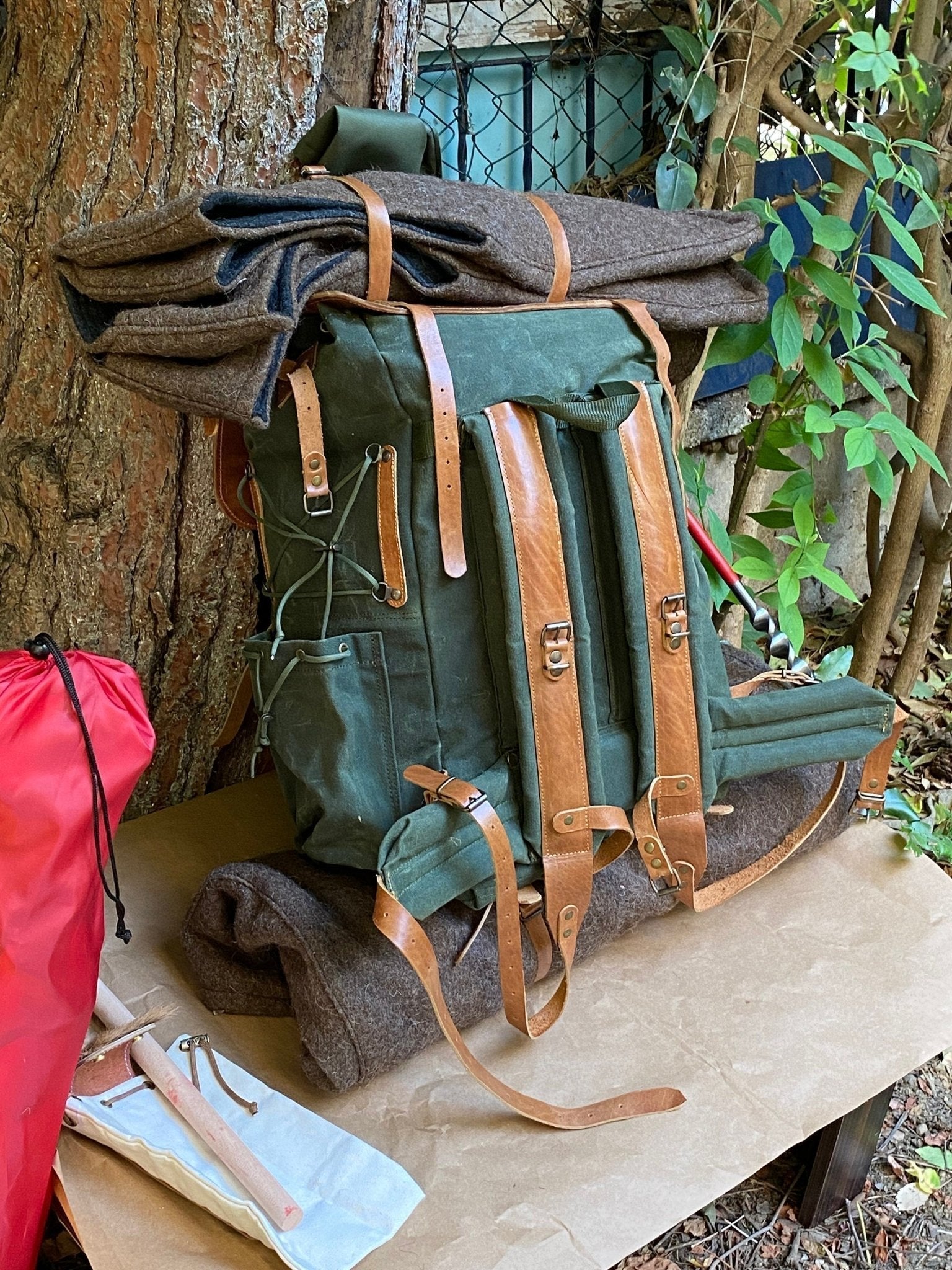 Bushcraft Handmade Green Canvas and Genuine Tan Leather Backpack