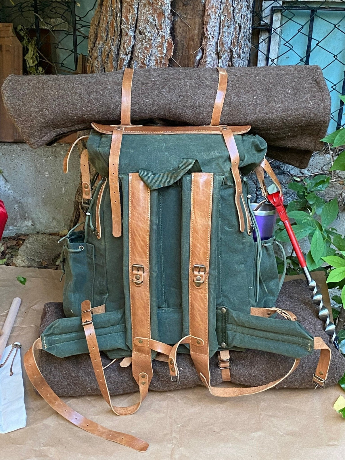 Bushcraft Handmade Green Canvas and Genuine Tan Leather Backpack