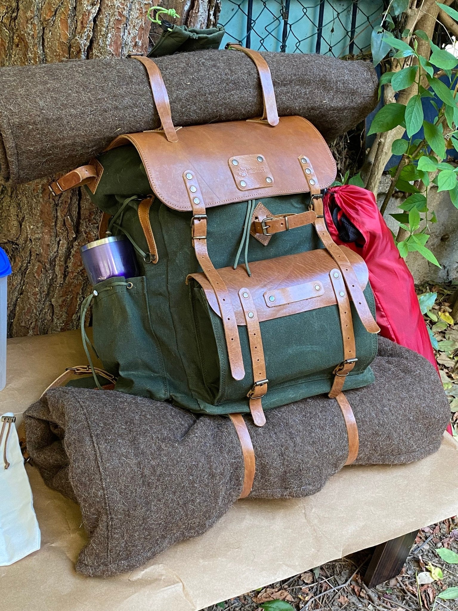 Bushcraft Handmade Green Canvas and Genuine Tan Leather Backpack