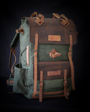 Bushcraft Handmade Green Wax Canvas and Genuine Leather Backpack