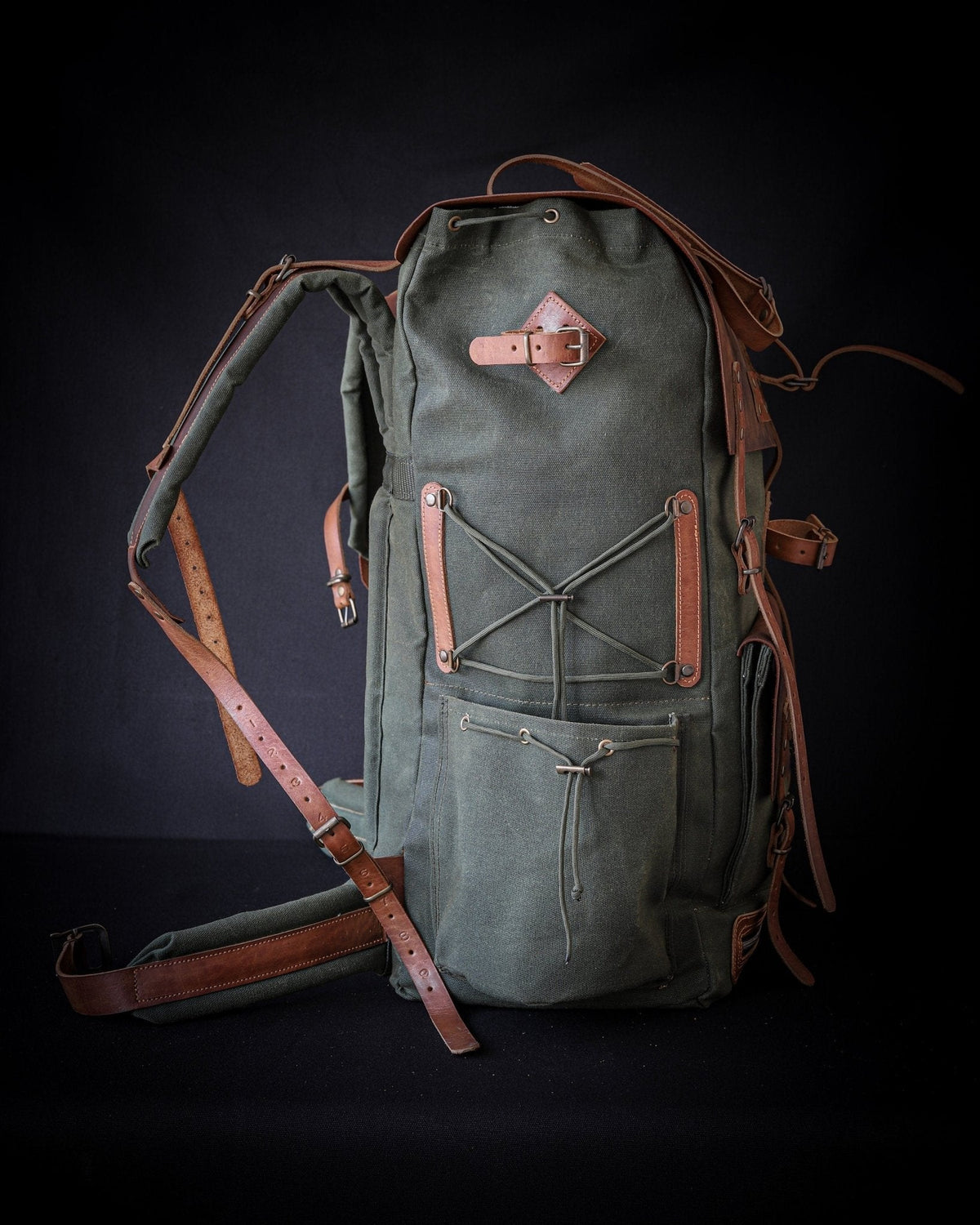 Bushcraft Handmade Green Wax Canvas and Genuine Leather Backpack