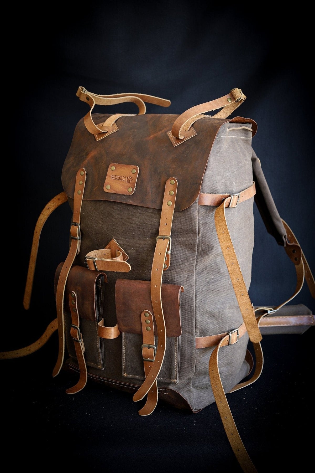 Bushcraft Handmade Wax Canvas Backpack Leather Backpack