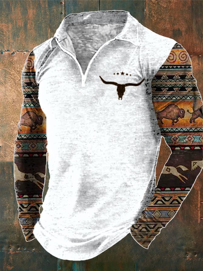 Men's Vintage Western Ethnic Print Zipper Casual Shrit