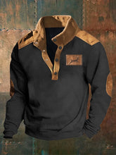 Men's Western Style Elk Print Deerskin Velvet Patchwork Stand-Collar Sweatshirt