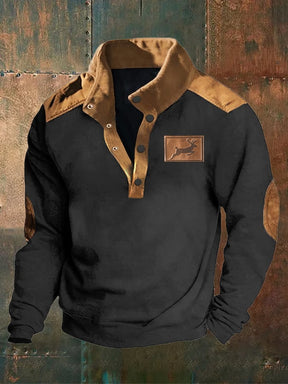 Men's Western Style Elk Print Deerskin Velvet Patchwork Stand-Collar Sweatshirt