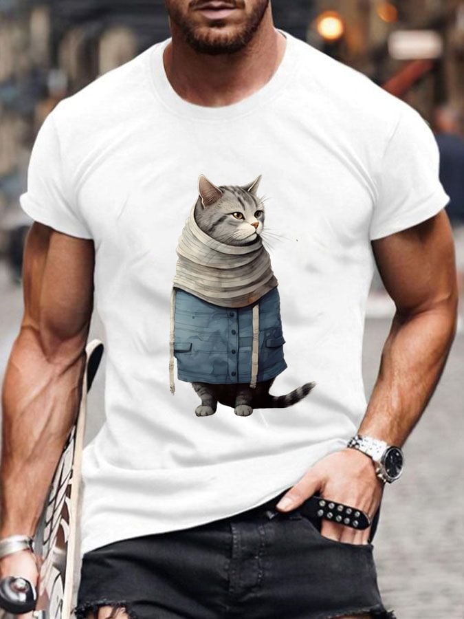 Men's Funny Winter Art Cat Print Short Sleeve T-Shirt