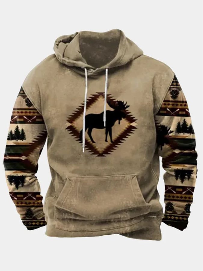 Men's Western Style Printed Loose Hooded Sweatshirt