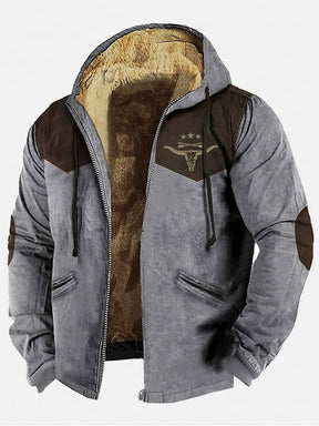 Men's Western Aztec Cow Head Print Zippered Velvet Hooded Jacket