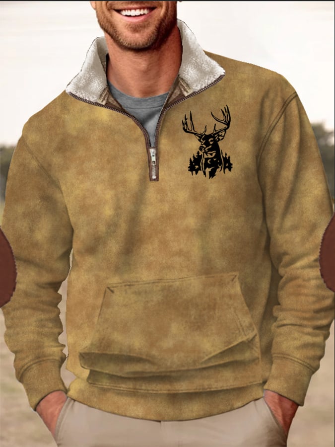 Men's Retro Western Style Elk Arctic Velvet Stand Collar Sweatshirt