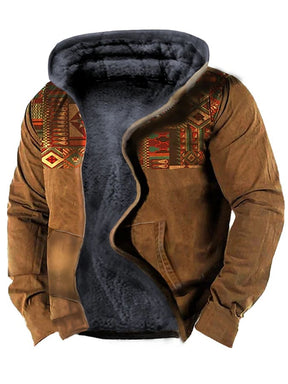 Men's Retro Western Print Velvet Zip Outerwear