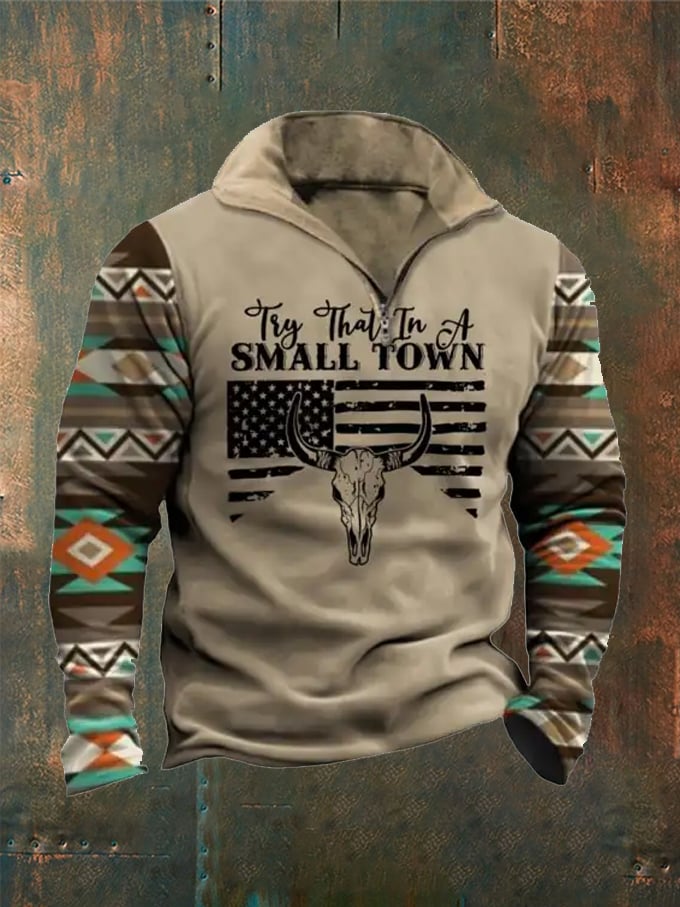 Men's Western Style Cow Head Try That In A Small Town Printed Zipper Stand Collar Sweatshirt